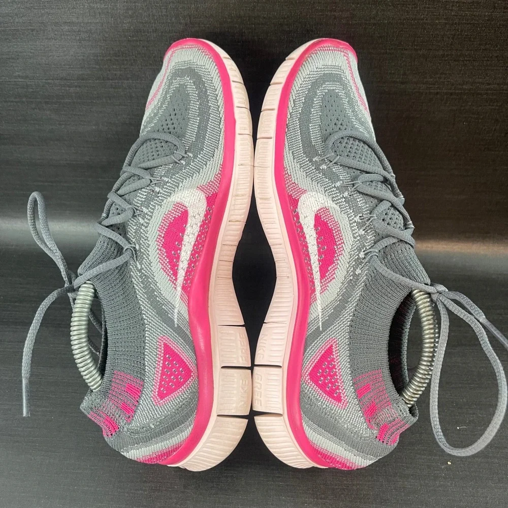 Nike Free 5.0 Flyknit Womens 6.5‎ Grey Pink Running Athletic Shoes 615806-016